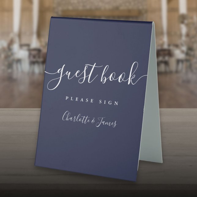 Navy Blue Signature Script Guest Book (Navy Blue Signature Script Guest Book Table Tent Sign)