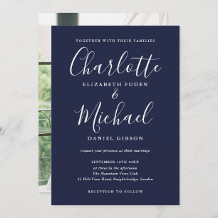 Navy Blue Signature Script Photo Wedding Invitation