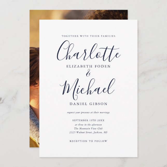 Navy Blue Signature Script Photo Wedding Invitation (Front/Back)