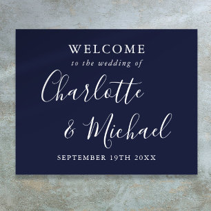 Navy Blue Signature Script Wedding Welcome  Poster