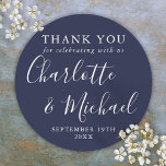 Navy Blue Signature Wedding Favor Thank You  Classic Round Sticker<br><div class="desc">Navy blue signature wedding favor thank you classic round sticker featuring signature style names. Personalize with your special thank you details in modern white typography. Designed by Thisisnotme©</div>