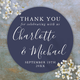 Navy Blue Signature Wedding Favour Thank You Classic Round Sticker