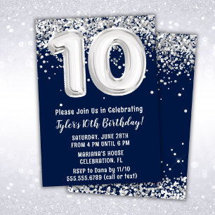 Navy Blue Silver 10th Birthday Party Invitation