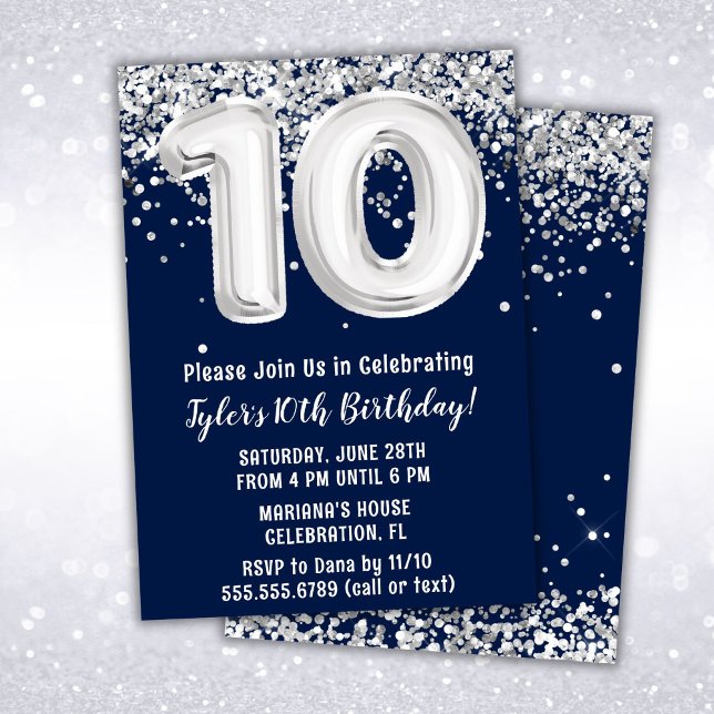 Navy Blue Silver 10th Birthday Party Invitation (Creator Uploaded)