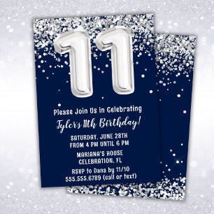 Navy Blue Silver 11th Birthday Party Invitation