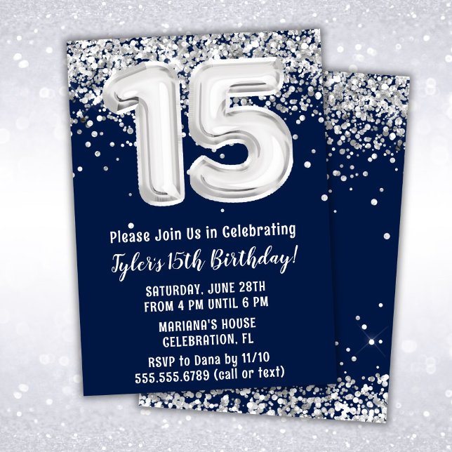 Navy Blue Silver 15th Birthday Party Invitation (Creator Uploaded)