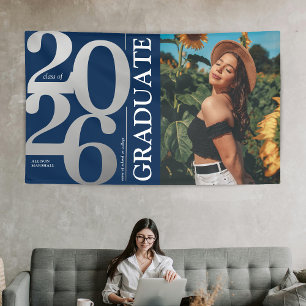 Navy Blue Silver 2025 Graduate Photo Graduation Banner