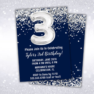 Navy Blue Silver 3rd Birthday Party Invitation