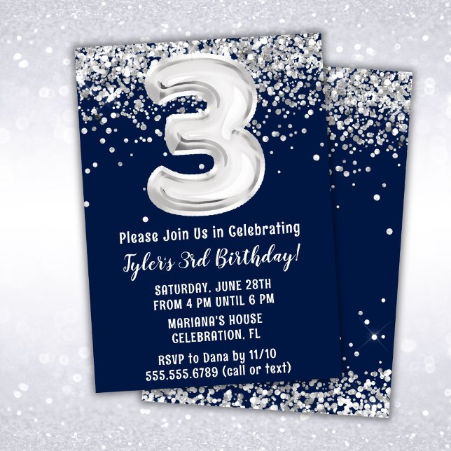 Navy Blue Silver 3rd Birthday Party Invitation (Creator Uploaded)