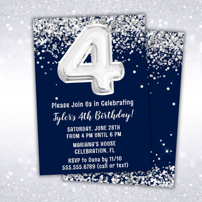 Navy Blue Silver 4th Birthday Party Invitation (Creator Uploaded)