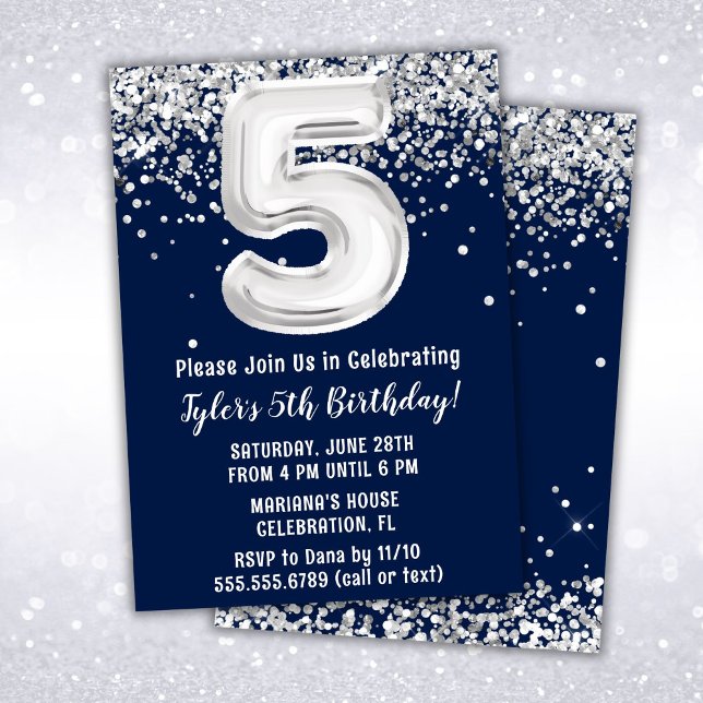 Navy Blue Silver 5th Birthday Party Invitation (Creator Uploaded)