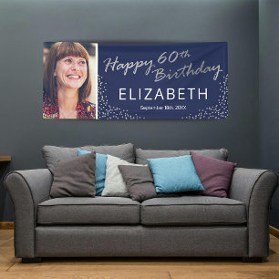 Navy Blue Silver 60th Birthday Picture Banner