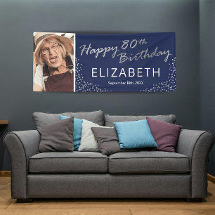 Navy Blue Silver 80th Birthday Picture Banner
