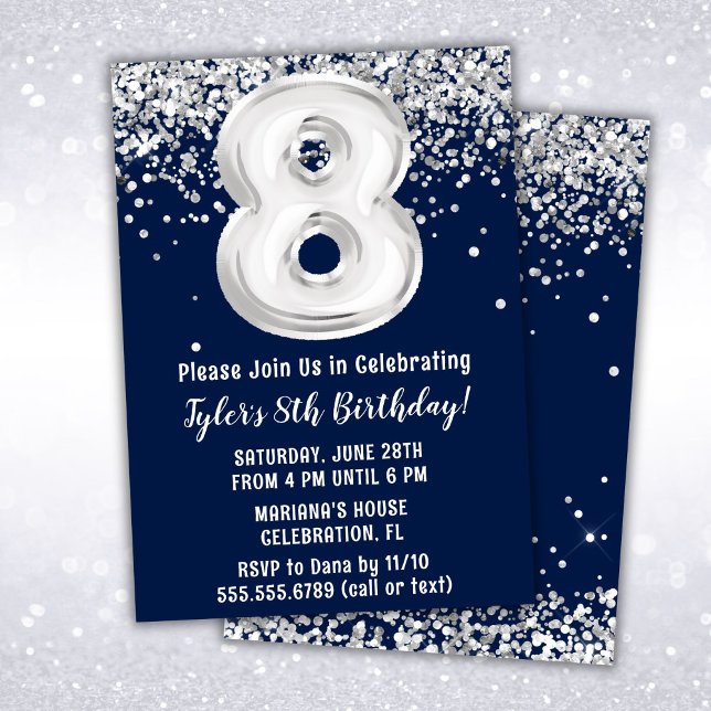 Navy Blue Silver 8th Birthday Party Invitation (Creator Uploaded)