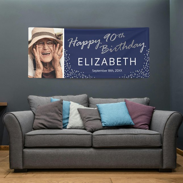 Navy Blue Silver 90th Birthday Photo Banner (Creator Uploaded)