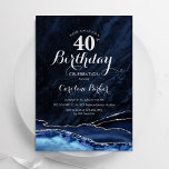 Navy Blue Silver Agate 40th Birthday Invitation<br><div class="desc">Navy blue and silver agate 40th birthday party invitation. Elegant modern design featuring royal blue watercolor agate marble geode background,  faux glitter silver and typography script font. Trendy invite card perfect for a stylish women's bday celebration. Printed Zazzle invitations or instant download digital printable template.</div>