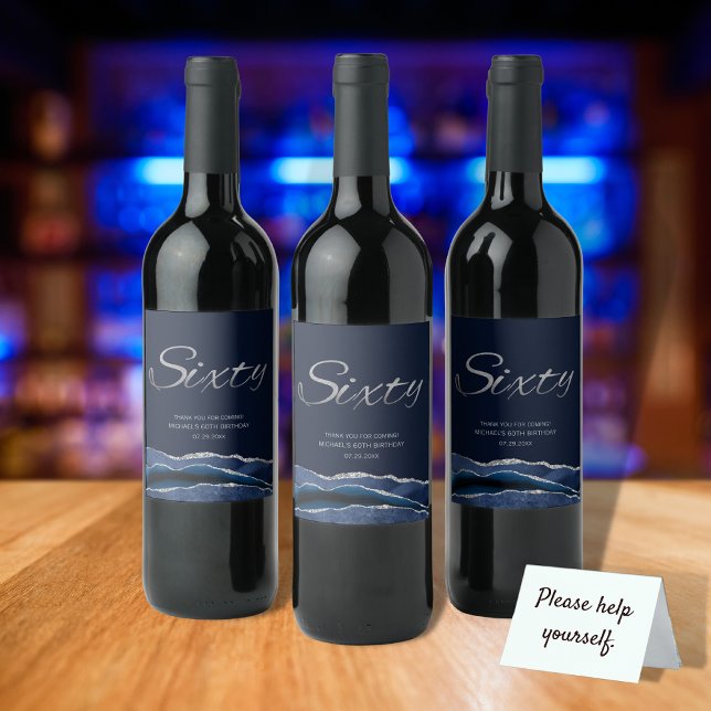 Navy Blue Silver Agate 60th Birthday Wine Label (Creator Uploaded)
