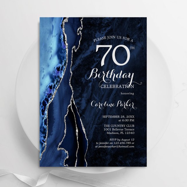 Navy Blue Silver Agate 70th Birthday Invitation (Creator Uploaded)