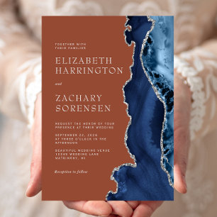 Navy Blue Silver Agate Burnt Orange Wedding Invitation