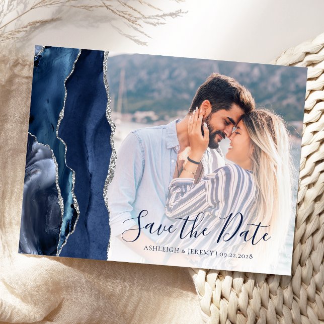 Navy Blue Silver Agate Custom Photo Save the Date Postcard (Creator Uploaded)