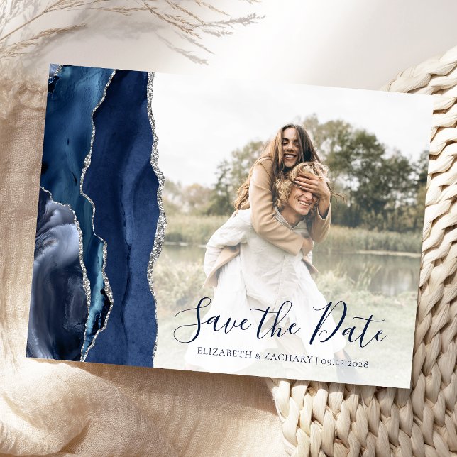 Navy Blue Silver Agate Custom Photo Save the Date Postcard (Creator Uploaded)