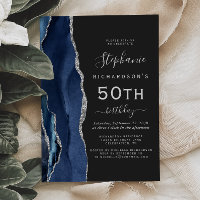 Navy Blue Silver Agate Dark 50th Birthday Party