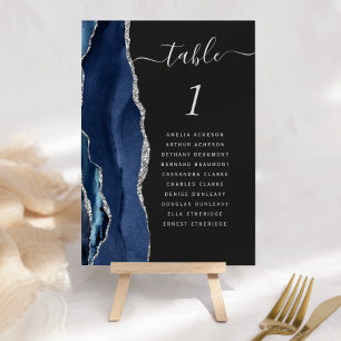 Navy Blue Silver Agate Dark Wedding Table Number