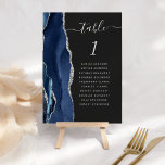 Navy Blue Silver Agate Dark Wedding Table Number<br><div class="desc">The left-hand edge of this elegant modern wedding table number card features a navy blue watercolor agate border trimmed with faux silver glitter. The word "table" appears in silver grey handwriting script on an off-black background. Add the names of your guests who are assigned to each table.</div>