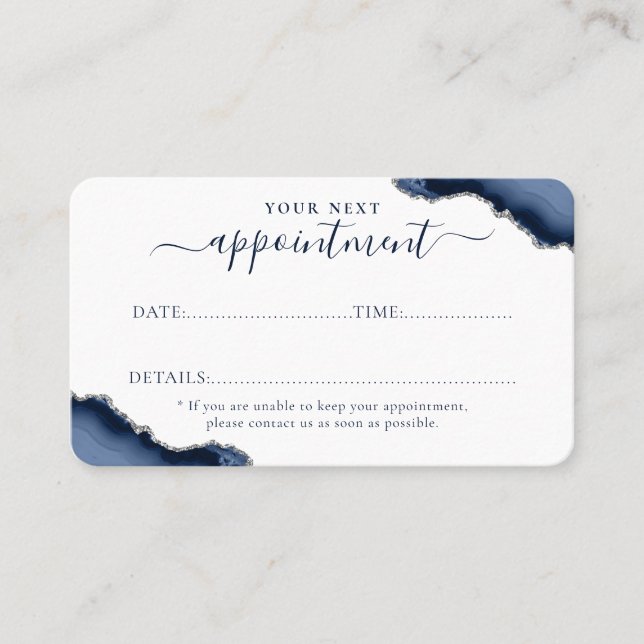 Navy Blue Silver Agate Glitter Sparkle Business Appointment Card (Front)