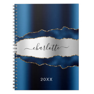 Navy blue silver agate marble name script notebook