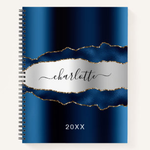 Navy blue silver agate marble name script notebook