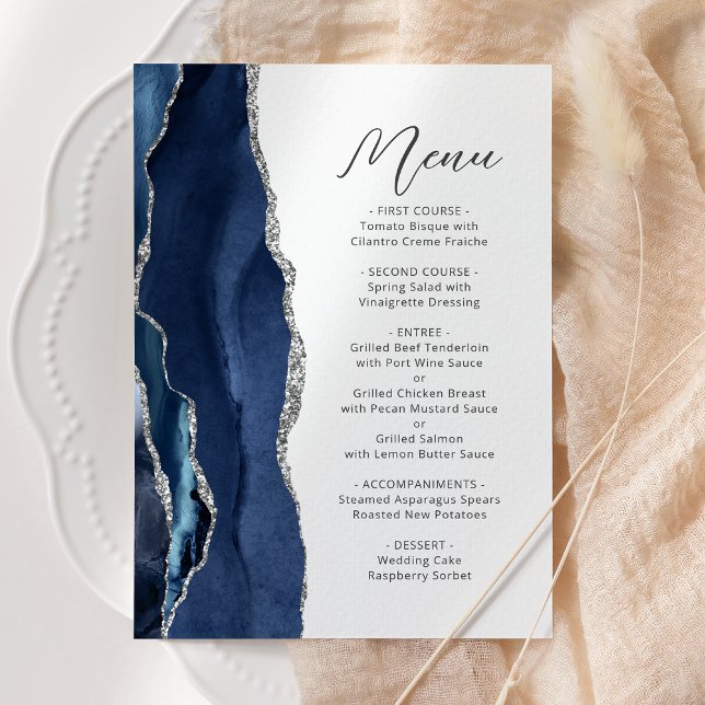Navy Blue Silver Agate Modern Script Wedding Menu (Creator Uploaded)