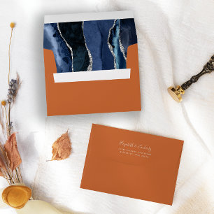 Navy Blue Silver Agate Orange Wedding Envelope