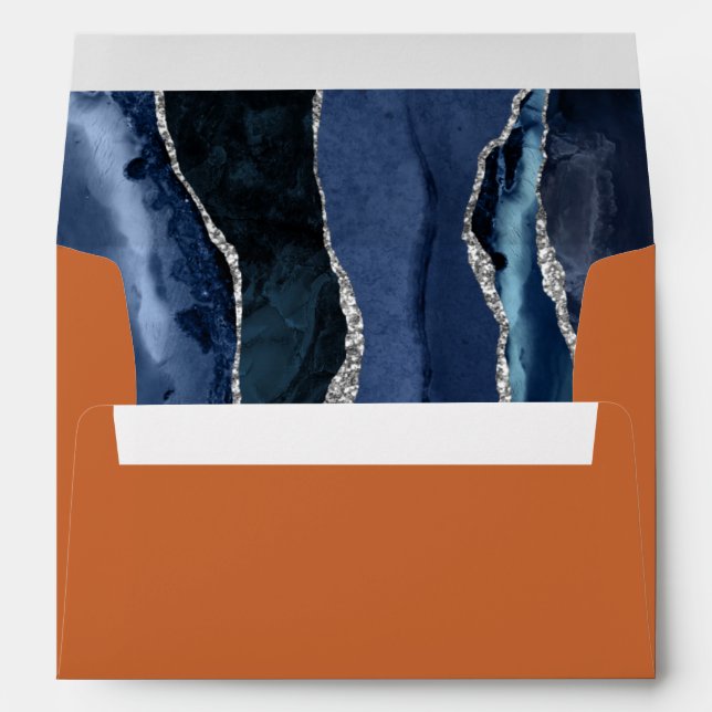 Navy Blue Silver Agate Orange Wedding Envelope (Back (Bottom))