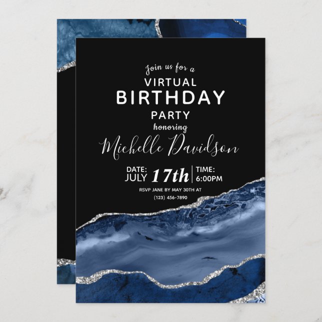 Navy Blue & Silver Agate Virtual Birthday Invitati Invitation (Front/Back)