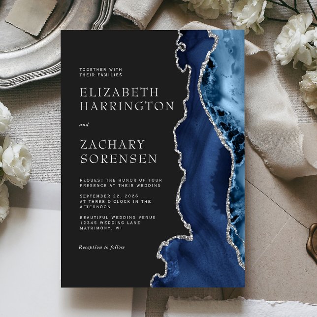 Navy Blue Silver Agate Wedding Invitation (Creator Uploaded)