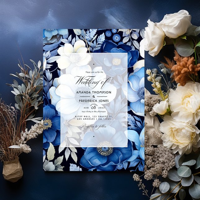 Navy Blue, Silver and White Floral Autumn Wedding Invitation (Creator Uploaded)