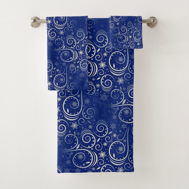 Navy Blue & Silver Arctic Swirl Bath Towel Set (Insitu)