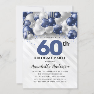 Navy Blue Silver Balloon Glitter 60th Birthday Invitation