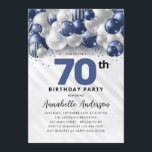Navy Blue Silver Balloon Glitter 70th Birthday Invitation<br><div class="desc">Modern Glam Navy Blue Silver Balloon Glitter Sparkle Any Age Birthday Invitation</div>