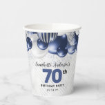 Navy Blue Silver Balloon Glitter 70th Birthday Paper Cups<br><div class="desc">Modern Glam Navy Blue Silver Balloon Glitter Sparkle Any Age Birthday Party Cups</div>