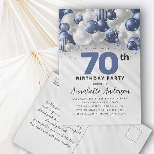 Navy Blue Silver Balloon Glitter 70th Birthday Postcard