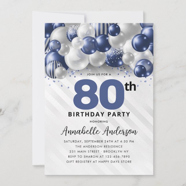 Navy Blue Silver Balloon Glitter 80th Birthday Invitation (Front)