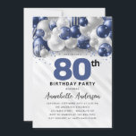 Navy Blue Silver Balloon Glitter 80th Birthday Invitation<br><div class="desc">Modern Glam Navy Blue Silver Balloon Glitter Sparkle Any Age Birthday Invitation</div>