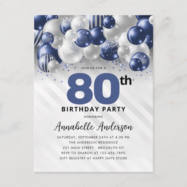 Navy Blue Silver Balloon Glitter 80th Birthday  Postcard (Front)