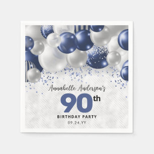 Navy Blue Silver Balloon Glitter 90th Birthday Napkin