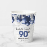 Navy Blue Silver Balloon Glitter 90th Birthday Paper Cups<br><div class="desc">Modern Glam Navy Blue Silver Balloon Glitter Sparkle Any Age Birthday Party Cups</div>