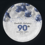 Navy Blue Silver Balloon Glitter 90th Birthday Paper Plate<br><div class="desc">Modern Glam Navy Blue Silver Balloon Glitter Sparkle Any Age Birthday Party Plates</div>