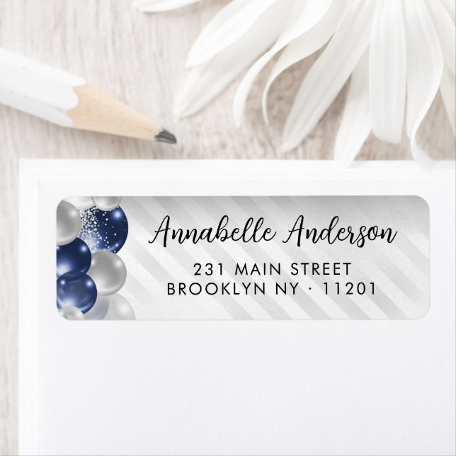 Navy Blue Silver Balloon Glitter Birthday  Return Address Label (Insitu)