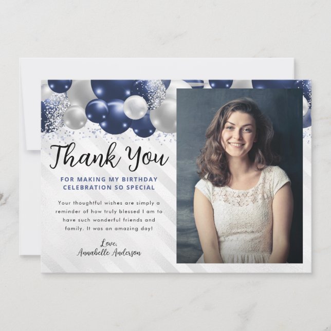 Navy Blue Silver Balloon Glitter Photo Birthday Thank You Card (Front)